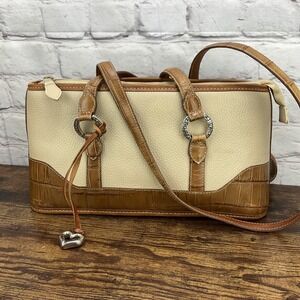 VTG Brighton Handbag‎ Cream Pebbled Leather Brown Croc Trim Dbl Shoulder Straps